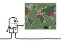 Cartoon man with mask showing a world map with viral epidemic points