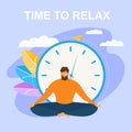 Cartoon Man Meditate in Lotus Position Time Relax