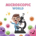 Cartoon man with microscope surrounded by cartoon viruses and microscopic world text above him Royalty Free Stock Photo