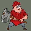 Cartoon man in modern clothes with a huge stone ax