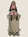 A cartoon man in a monks cassock stands and prays with a rosary in his hands