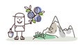 Cartoon Man in the mountains, Picking Blueberries Royalty Free Stock Photo