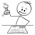 Cartoon of Man, Notary or White Collar Worker Stamping a Document with Rubber Stamp