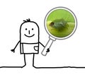 Cartoon man observing a bug with a magnifying glass