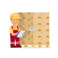 Cartoon man operator maintains records the cargo holding clipboard. Warehouse worker checking goods on pallet Royalty Free Stock Photo