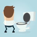 Cartoon man peeing on the toilet seat
