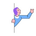 Cartoon man peeking from behind a corner pointing forward. Friendly male character with purple hair simplicity cartoon