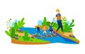 Cartoon man with people children hiking at river nature, vector illustration. Girl boy kid at outdoor adventure, travel Royalty Free Stock Photo