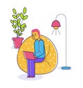 Cartoon man with pink hair working on laptop, sitting on yellow bean bag chair, indoor plant and lamp. Home office Royalty Free Stock Photo