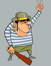 Cartoon man in a pirate costume with baton shows gesture