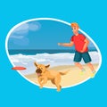 Cartoon Man Play Flying Disk with Dog Sand Beach Royalty Free Stock Photo