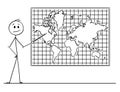 Cartoon of Man Pointing at North America Continent on Wall World Map Royalty Free Stock Photo