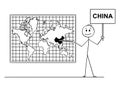 Cartoon of Man Pointing at People`s Republic of China or PRC on Wall World Map