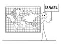 Cartoon of Man Pointing at State of Israel on Wall World Map