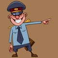 Cartoon man in a policeman uniform laughs and points a finger to the side