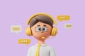 Cartoon man portrait in headset with speech and text bubbles, call center Royalty Free Stock Photo