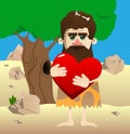 Man from prehistoric era hugging big red heart. Royalty Free Stock Photo