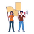 Cartoon man protestating holding a megaphone and woman holding a blank sign, colorful design Royalty Free Stock Photo