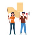 Cartoon man protestating holding a megaphone and woman holding a blank sign