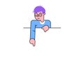 Cartoon man with purple hair leaning over edge. Casual style, contemplative pose, minimalistic design. Emotion and