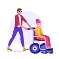 Cartoon Man Pushing Disabled Woman on Wheelchair Royalty Free Stock Photo