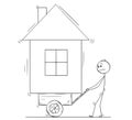 Cartoon of Man Pushing His House on Handcart or Cart