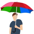 Cartoon man with rainbow umbrella in a good mood on white