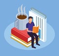 Cartoon man reading a book sitting on stack of big books and hot coffee mug Royalty Free Stock Photo