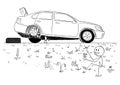 Cartoon of Man Repairing Broken Car and Founding Beauty of Nature in Road Ditch