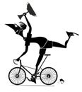 Cartoon man rides a bike and wins the race