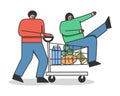Cartoon man riding woman in supermarket shopping cart. Happy couple buying grocery products Royalty Free Stock Photo