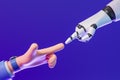 Cartoon man and robot hands touching fingers