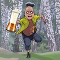 Cartoon man running through the forest with a glass of beer Royalty Free Stock Photo