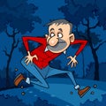 Cartoon man runs away in the night forest