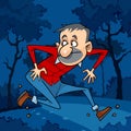 Cartoon man runs away in the night forest Royalty Free Stock Photo