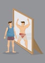 Cartoon Man Sees Himself as Muscular Bodybuilder in Mirror Vector Illustration