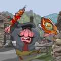 Cartoon man with shashlik and khachapuri in the Caucasus