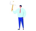 Cartoon man in shirt and tie holding a window squeegee. Office worker with cleaning tool. Cleanliness at work vector Royalty Free Stock Photo