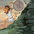 Cartoon man Sisyphus runs down the mountain he is overtaken by a coin