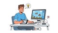 Cartoon Man Creating Video Game on Computer with Graphics Tablet Royalty Free Stock Photo