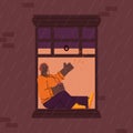 Cartoon man sitting in apartment window sill listening to music on headphones