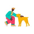 Cartoon man sitting down and petting a dog - young pet owner and animal