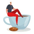 Cartoon man sitting on edge of giant coffee cup with a cookie beside it. Casual style, relaxing coffee break concept