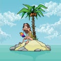 Cartoon man with smartphone on a small uninhabited island Royalty Free Stock Photo