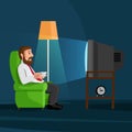 Cartoon man on sofa watches TV