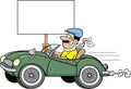 Cartoon man in a sports car holding a sign. Royalty Free Stock Photo