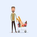 Cartoon man standing with basket full of products. Vector illustration.