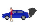 Cartoon man standing car with smoke exhaust pipe Royalty Free Stock Photo