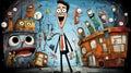a cartoon of a man standing in front of a bunch of strange looking objects with eyes and mouth wide open Royalty Free Stock Photo