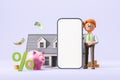 Cartoon man standing near large mock up phone screen, piggy bank and house